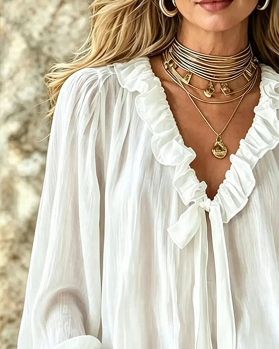Bluse Ruffle Krave Knyting Lang Erme