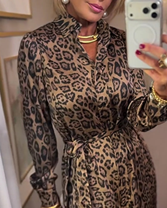 Kjole Leopard Trykk Splitt Lang Erme