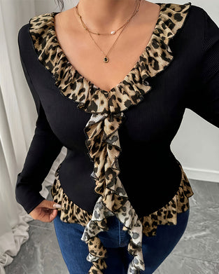 Top V-Hals Ruffle Leopard Trykk