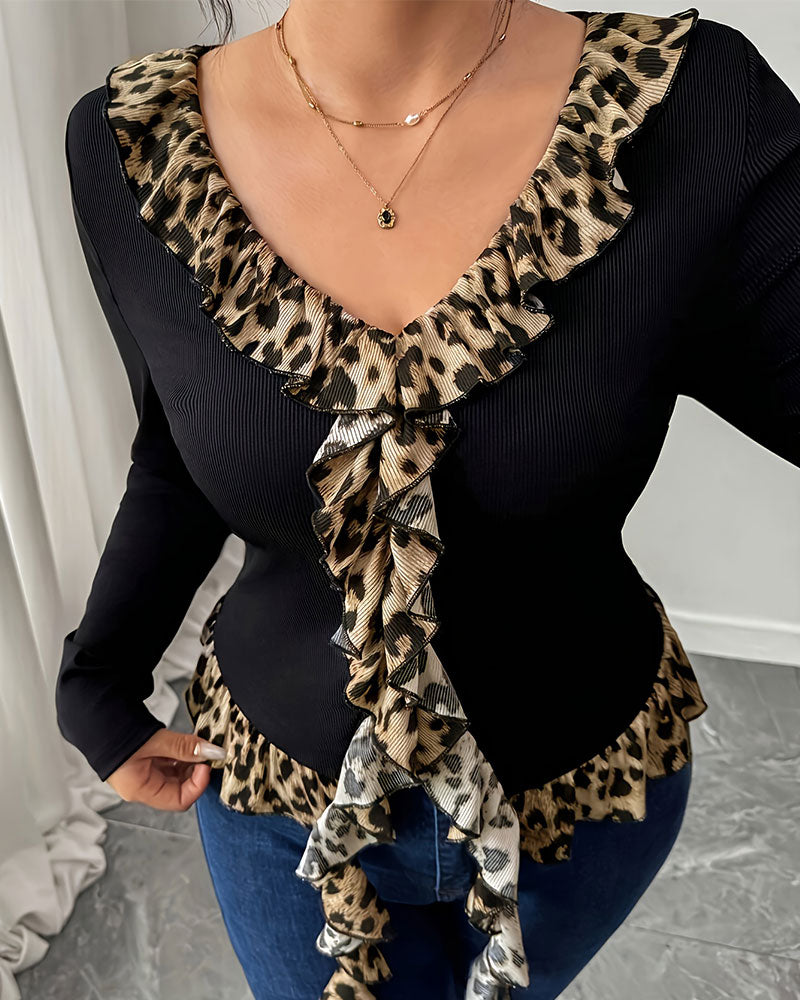 Top V-Hals Ruffle Leopard Trykk