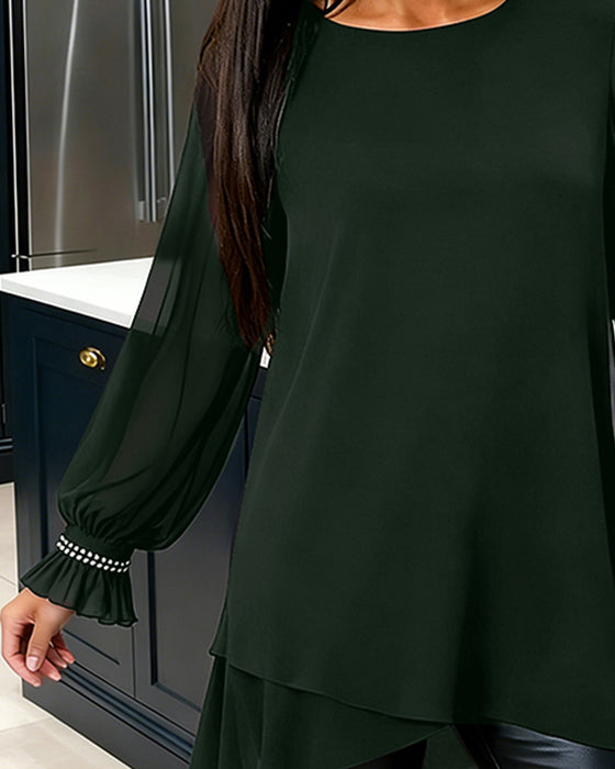 Bluse Perlet Puffermer Rund Hals