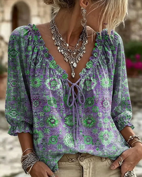 Bluse V-Hals Knyting Vintage Trykk