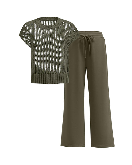 Sett Rund Hals Kortermet Gjennombrutt Pullover