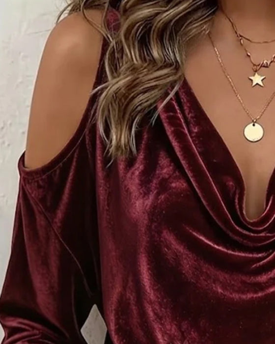 Bluse Fløyel Bardot Cowl Hals Lang Erme