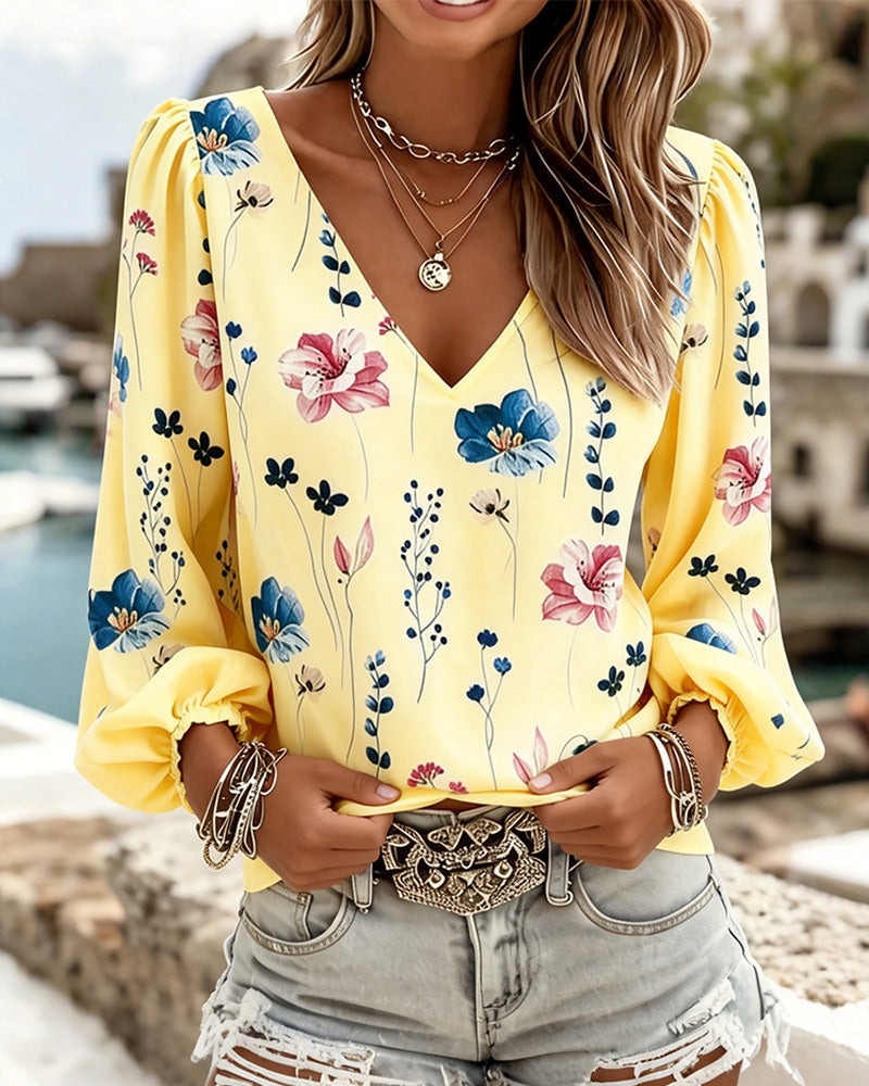 Bluse Lykt Erme V-Hals Blomstret