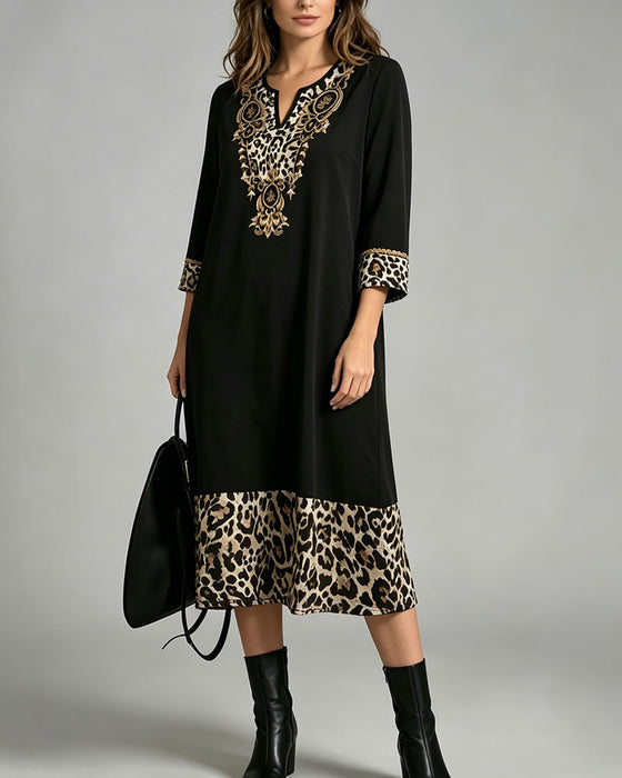 Dress Mini V-Hals Leopard Trykk Patchwork Løs