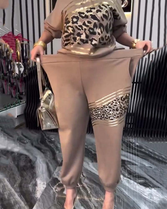 Sett Leopardmønster Avslappet Sweatshirt