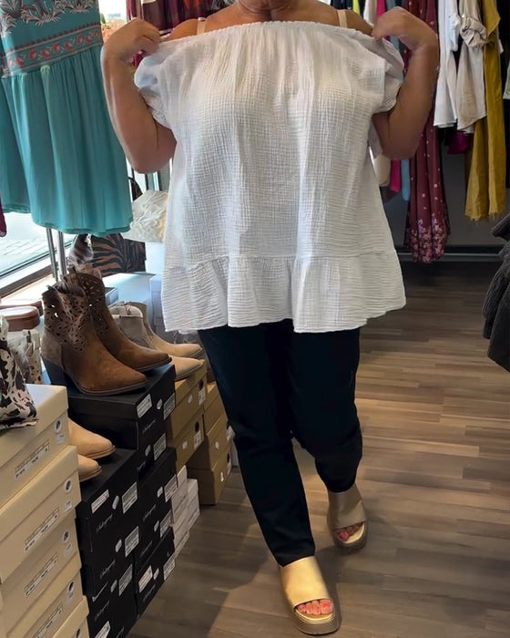 Bluse Rund Hals Rynket Avslappet Solid