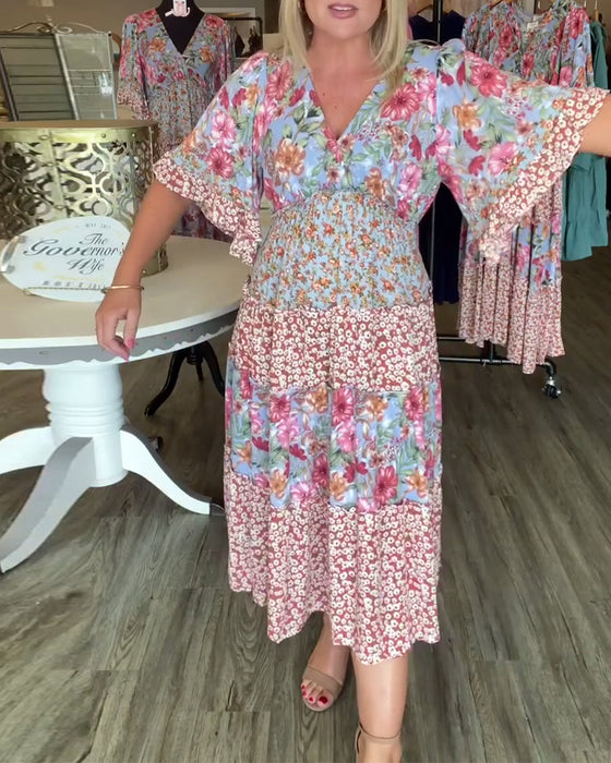 Kjole V-Utringning Lotusserm Blomstret