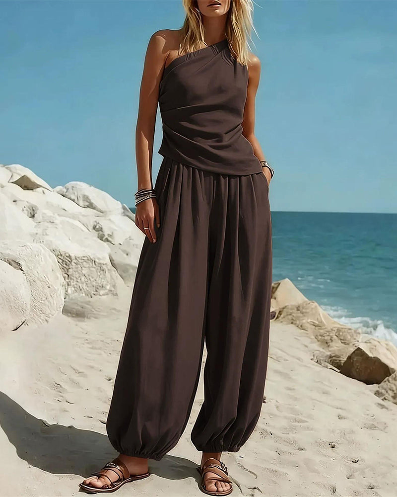 Set Enskulder Tank Top Høy Midje Bukser