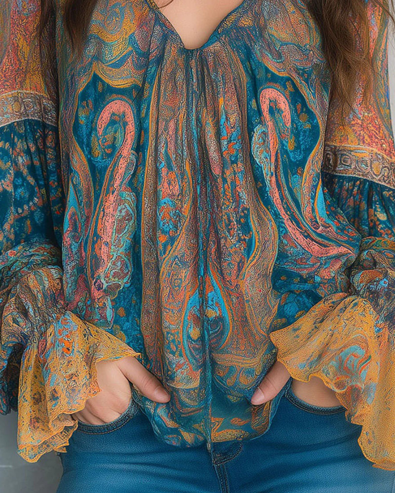 Bohemsk V-Hals Bluse Med Utsvingte Ermer