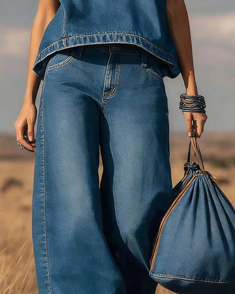 Sett Med Ermeløse Topper Og Buede Denimbukser