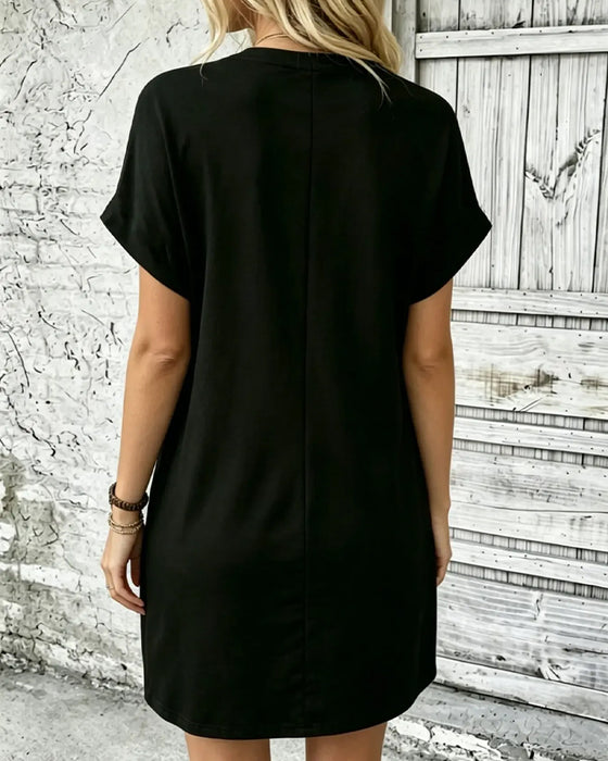 Kjole Rund Hals Dobbel Lomme Solid Avslappnet