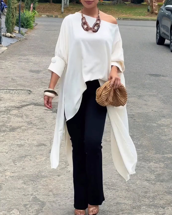 Bluse Asymmetrisk Hals Uregelmessig Splitt Albuelang Erme