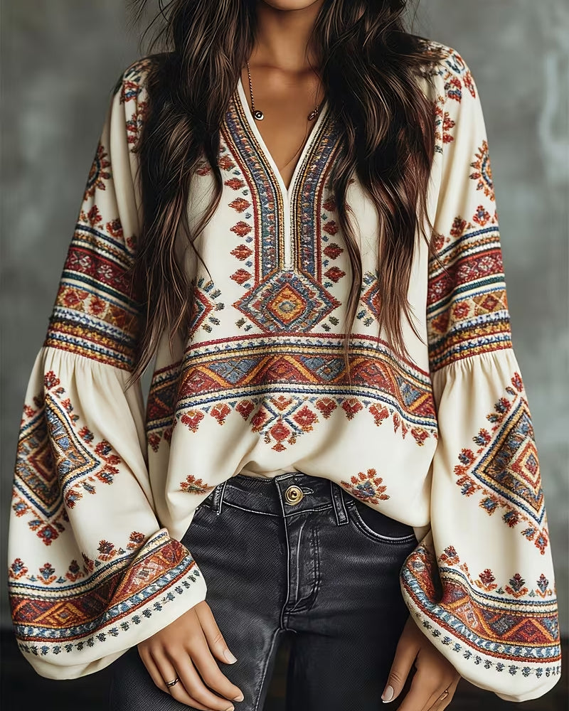 Bluse Etnisk Geometrisk Trykk Lanterne Erme