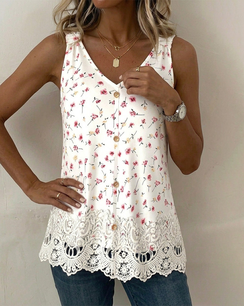 Tank Top V-Hals Spagettistrap Blomstrende Blonder Patchwork