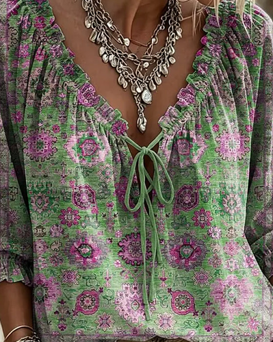 Bluse V-Hals Knyting Vintage Trykk