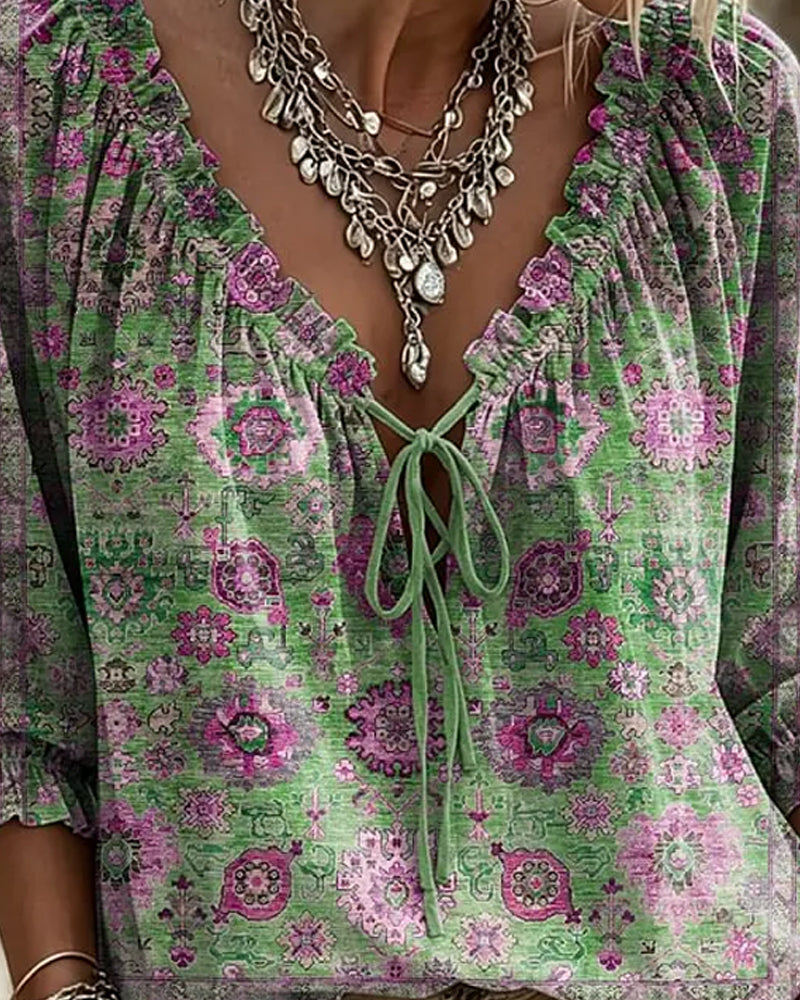 Bluse V-Hals Knyting Vintage Trykk