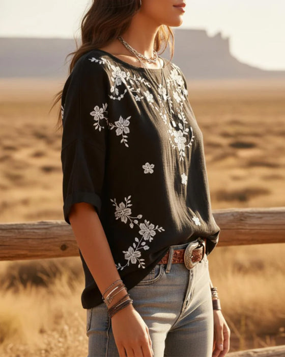 Bluse Rund Hals Drop Skulder Løs Blomstret