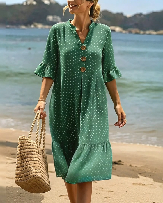 Kjole Polka Dot V-Hals Rynket Erme