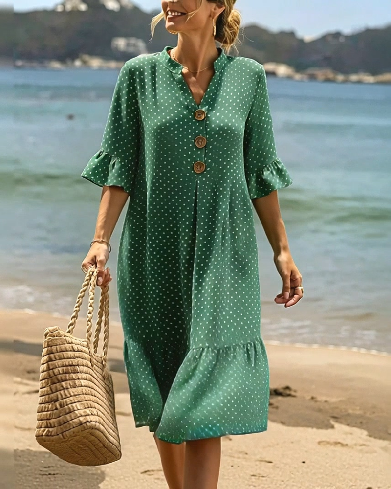 Kjole Polka Dot V-Hals Rynket Erme