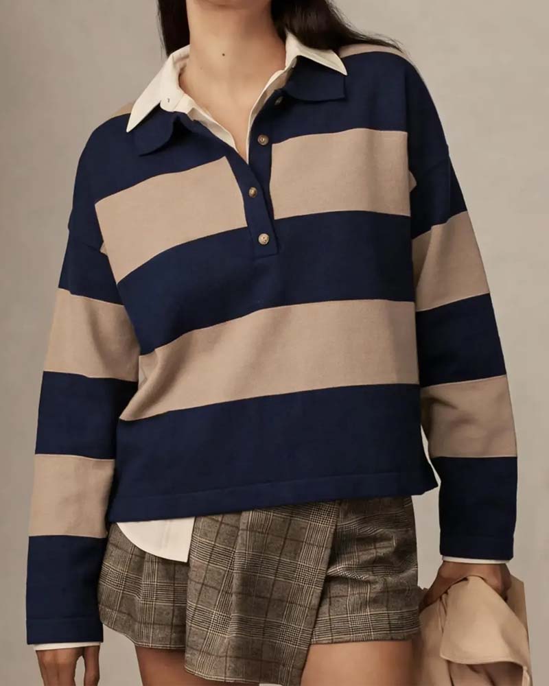 Pullover Med Bred Stripet Knappet Krave