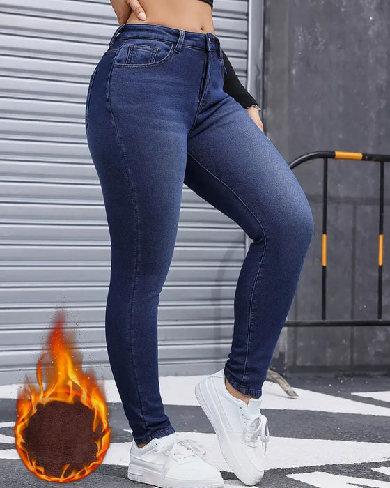 Jeans Dame Fleeceforet Ensfarget Lomme