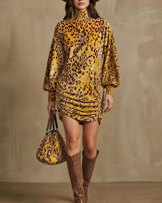 Kjole Høy Hals Leopard Lanterne Erme Elegant