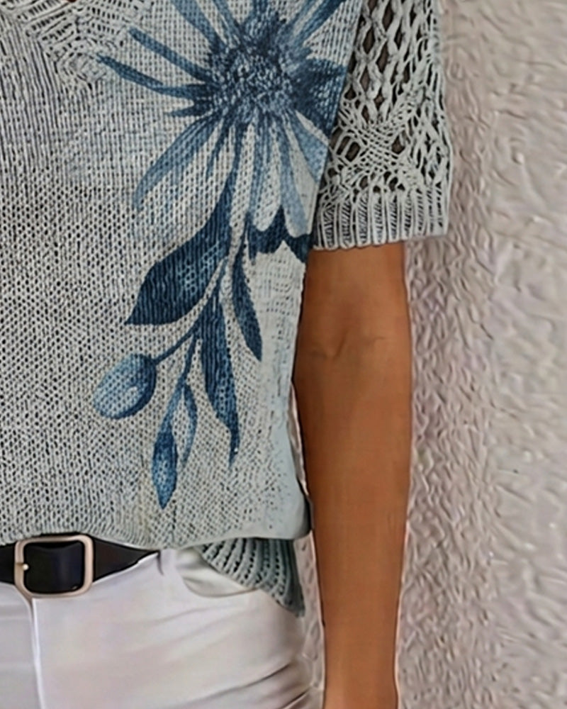 Pullover V-Hals Strikket Blomstret