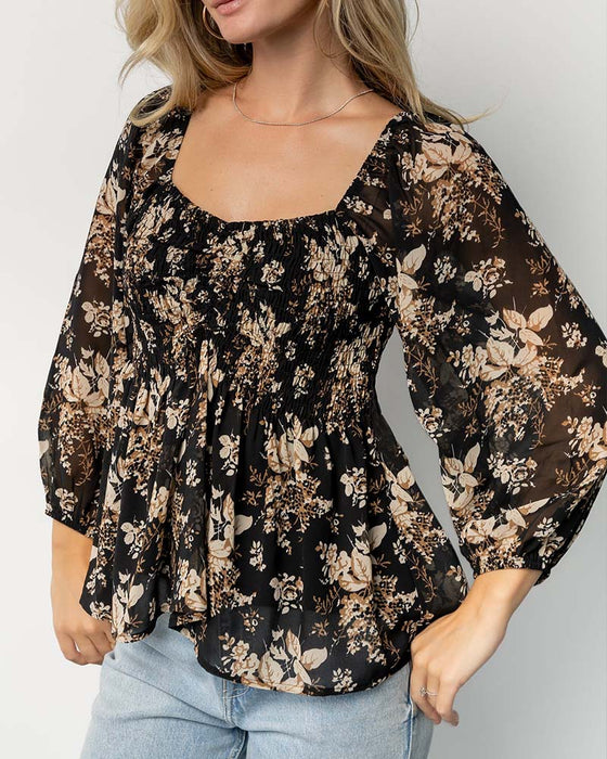 Bluse Blomstret Firkantet Hals Midjesittende