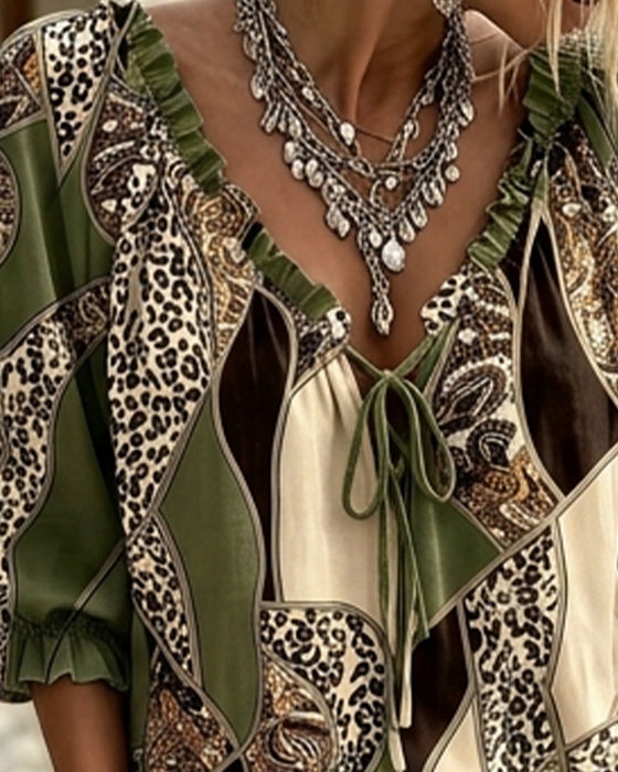 Bluse V-Hals Leopard Puffererme Knyte
