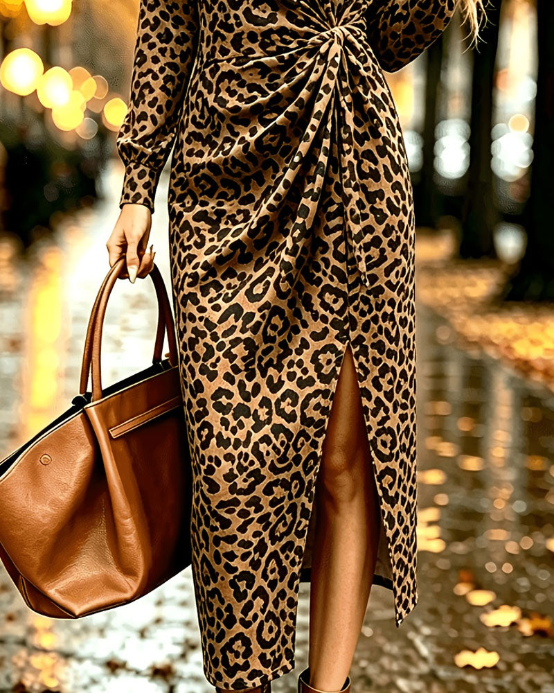 Kjole Rundhalset Leopard Splitt