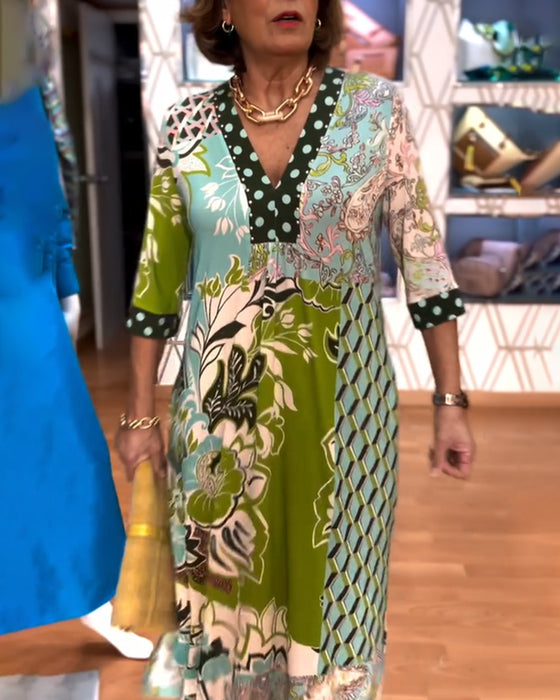 V-hals Kjole Med Vintage-Print Og Spalte-Design