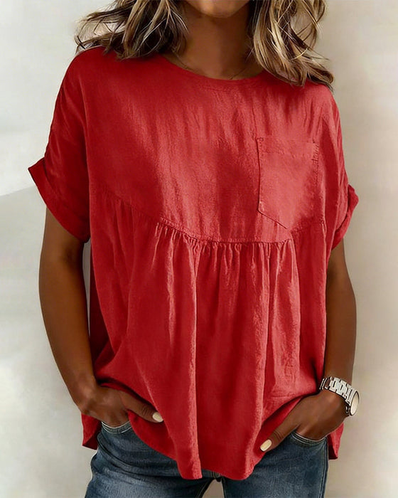 Bluse Drop Skulder Ensfarget Rund Hals Kortsermet