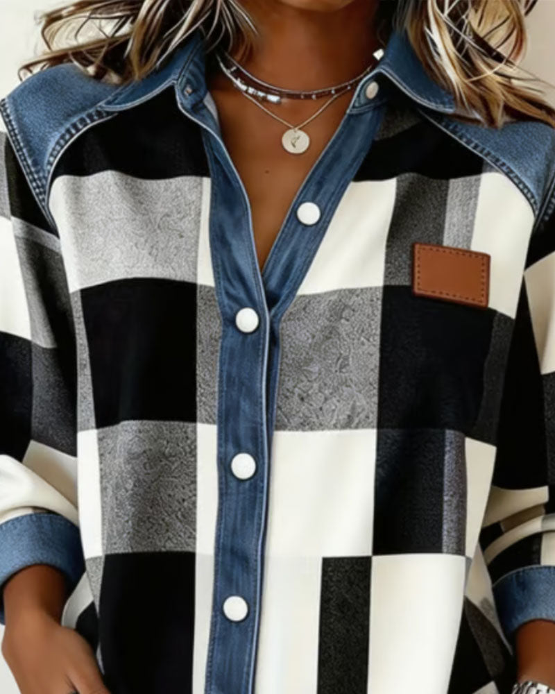 Skjorte Rutete Fargeblokk Denim Patchwork