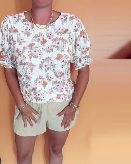 Bluse Rund Hals Blomstret Kort Erme