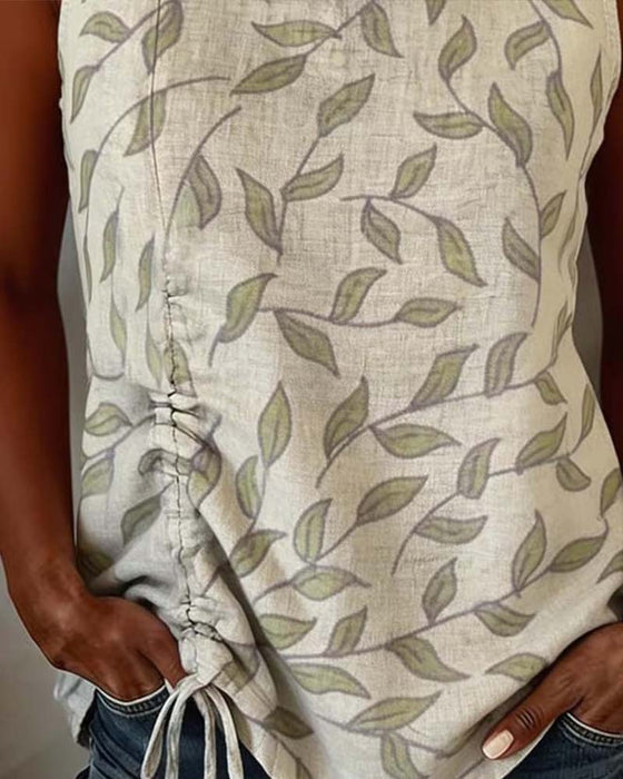 Tanktop Grønt Bladtrykk Snøring