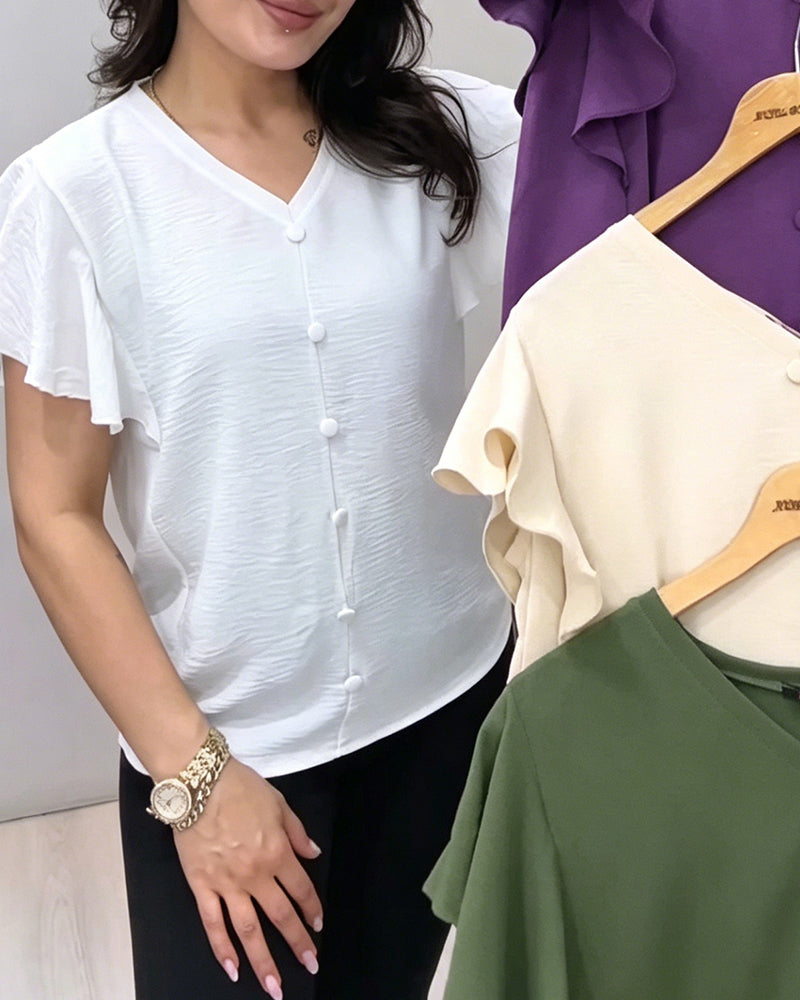 Bluse V-Hals Knapp Flutter Erme