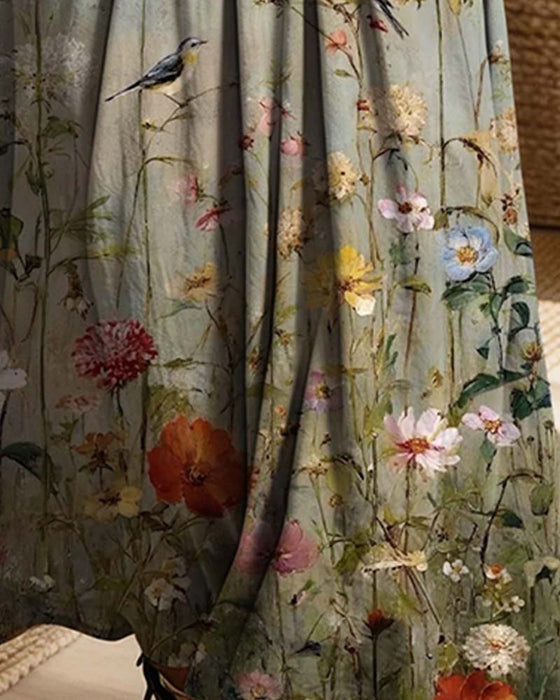 Kjole Skjortekrage Blomstret Denim Patchwork