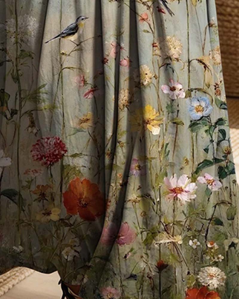 Kjole Skjortekrage Blomstret Denim Patchwork