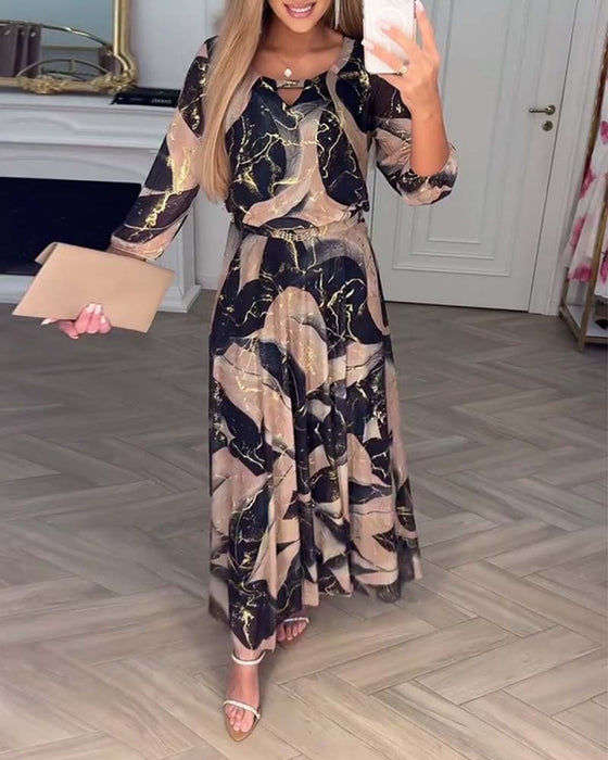 Kjole Elegant Trekvarts Erme Trykket Midje