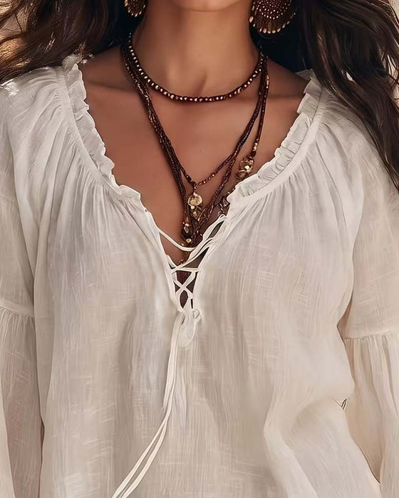 Bluse Puff Lanterne Erme Ruffle Knyte