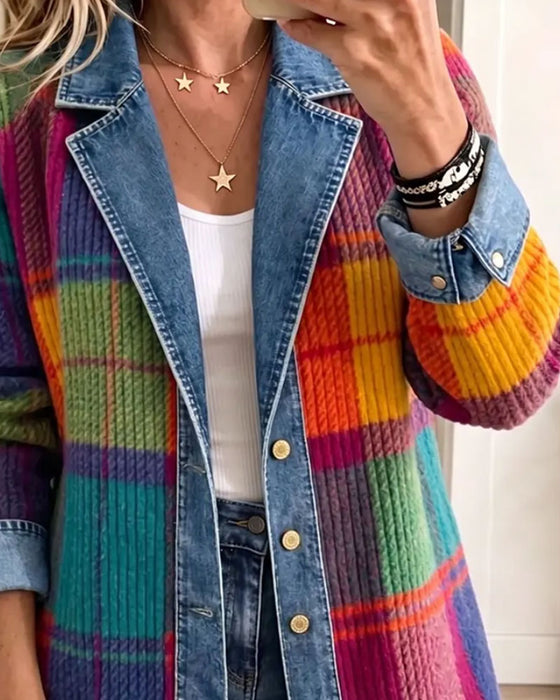 Kåpe Jakkeslagkrage Knapp Ribbet Fargeblokk Denim Lappverk