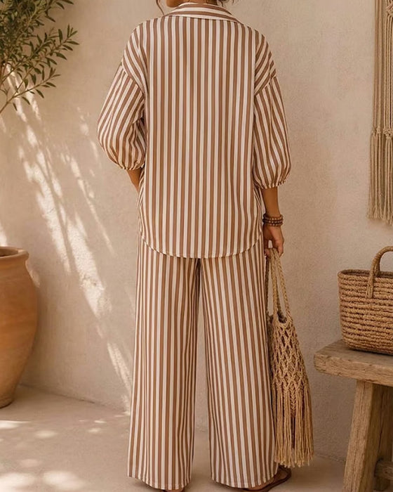 Set Skjorte Krage Stripe Bred Ben Lanterne Erme