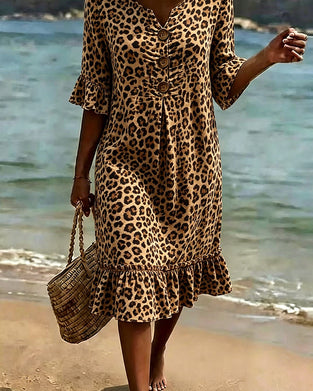Kjole Leopardtrykk V-Hals Rysj