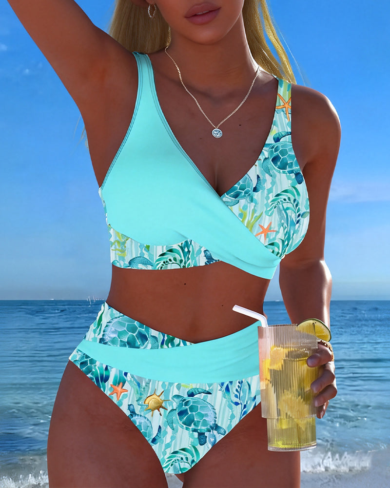 Bikini Høy Midje Fargeblokkering Trykk