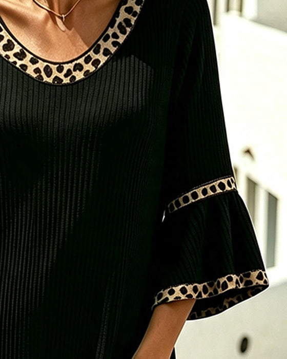 Kjole Flare Erme Ribbet Leopard