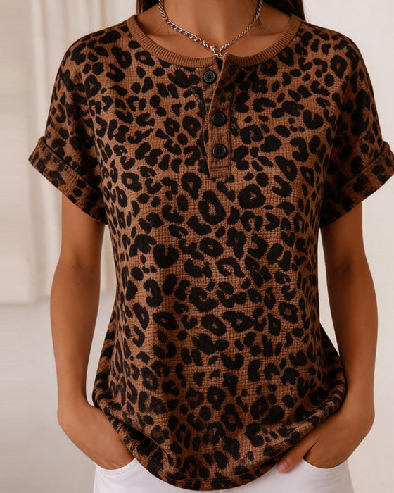 Topp Henley Hals Leopard Trykk Vaffel