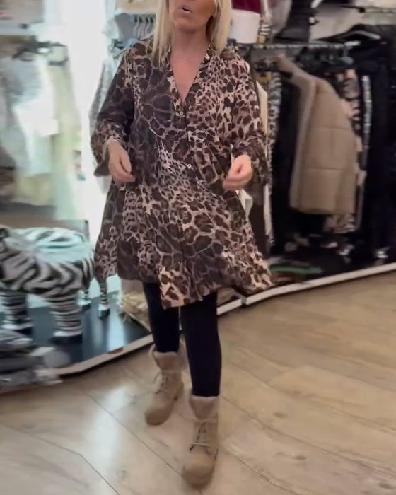 Kjole Langermet Leopardskrift