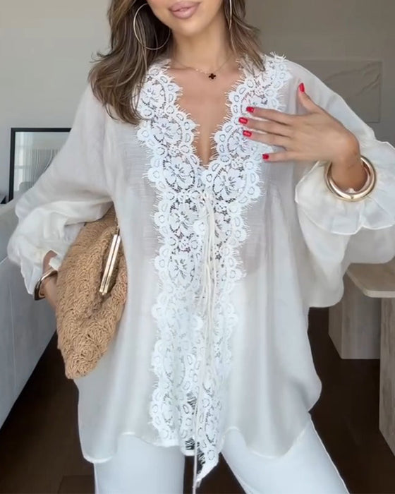 Bluse V-Hals Blonde Panel Ruffle